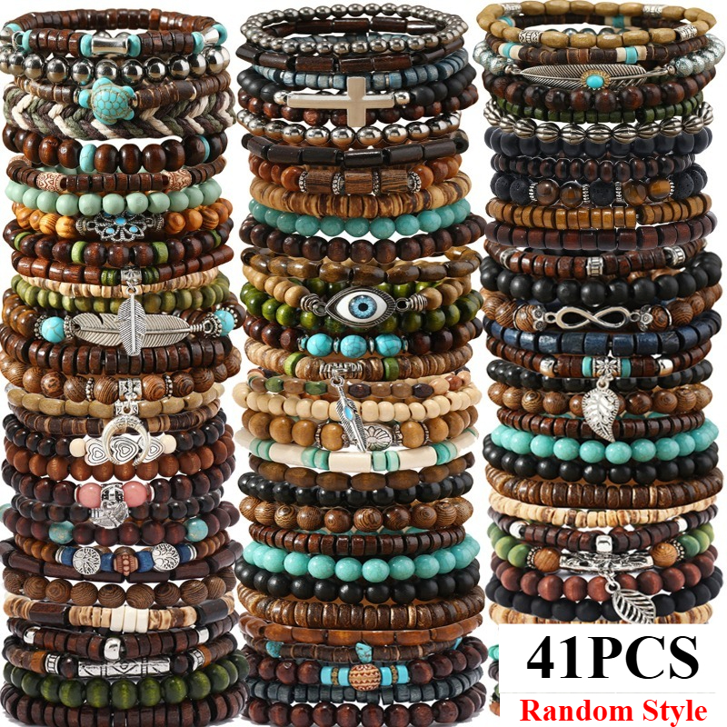 Bracelet Beaded Men - 41 sztuk naturalne drewno elastyczna bransoletka